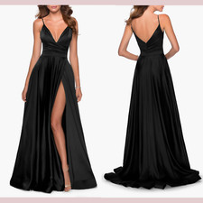 NEW 408 La Femme 00 V Neck Strappy Back Satin Ballgown in Black J1000