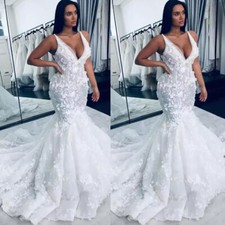 V Neck Mermaid Wedding Dresses Lace Appliques Sweep Train Backless Bridal Gowns