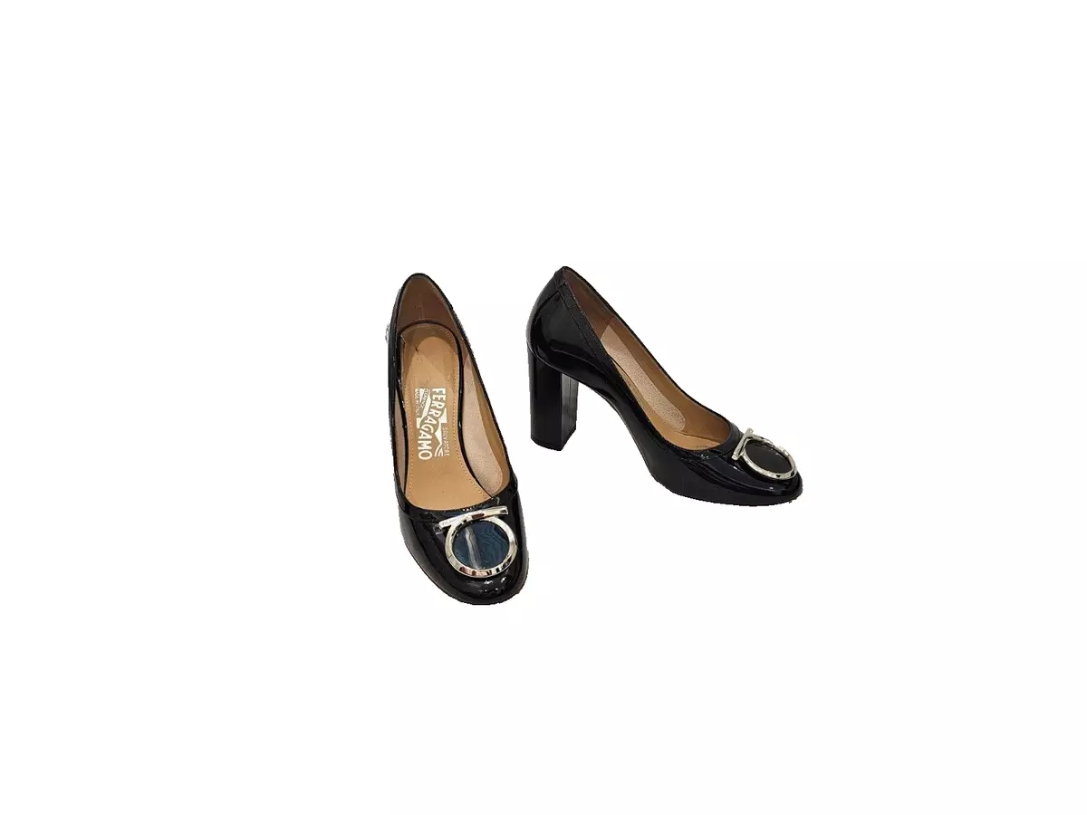 SALVATORE FERRAGAMO Black Patent Leather Ena Gancini Block Heel Pumps Size 7B