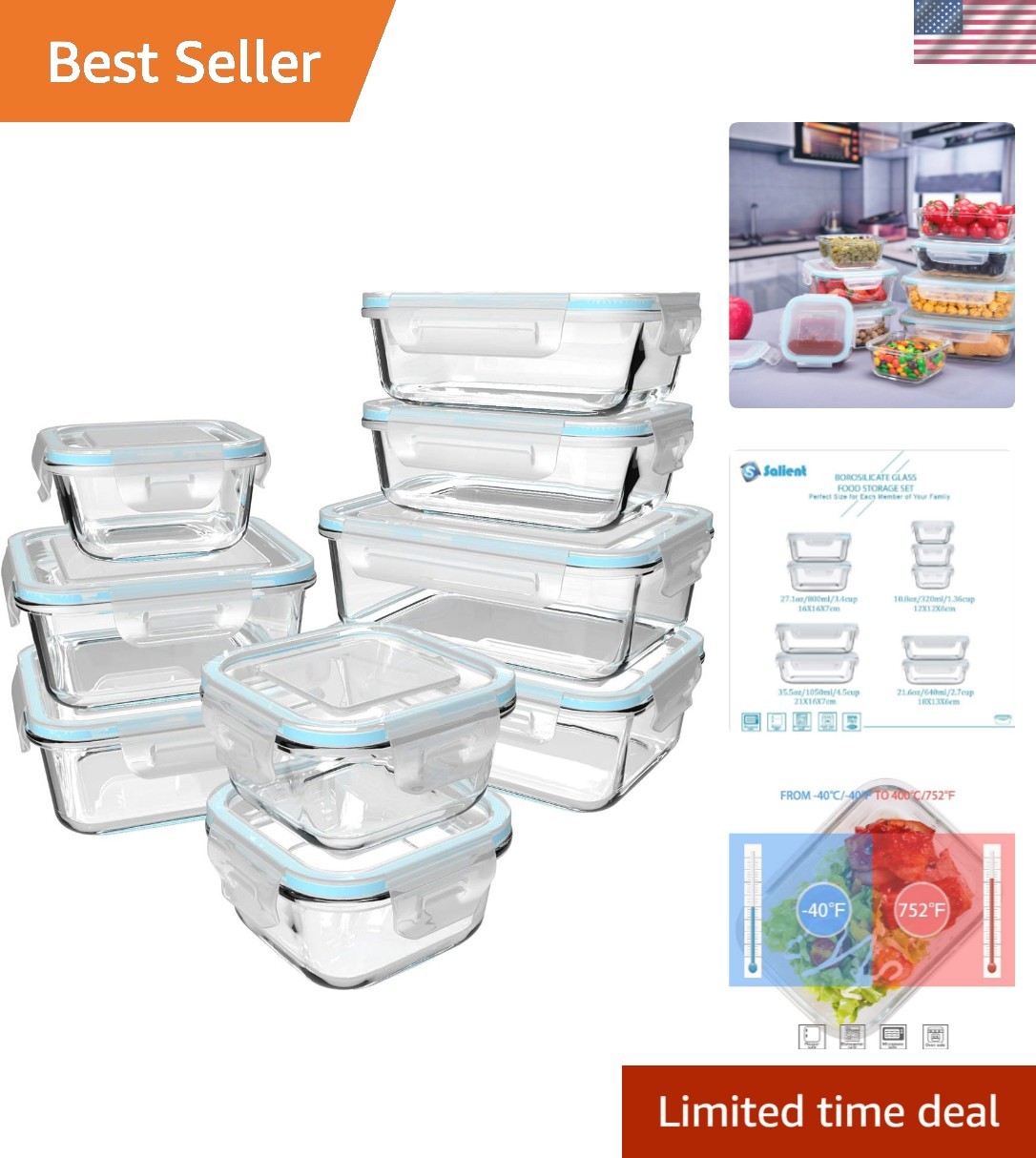 18 Piece Glass Food Storage Containers with Lids, Glass Meal Prep Containers,...