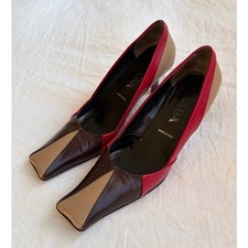 Vintage Prada Leather Colorblock Square Toe Kitten Heels Red Tan Brown