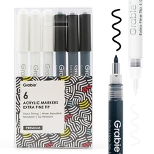 Black  White Extra Fine Tip Acrylic Paint Marker Set, 6 Pack, 0.7mm Acrylic P...