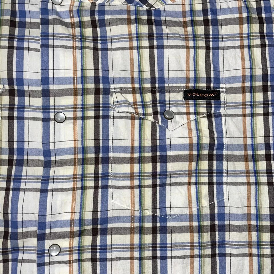 Vtg Volcom Shirt Mens M Blue Plaid Western Pearl Snap Button Short Sleeve - Image 3 of 4