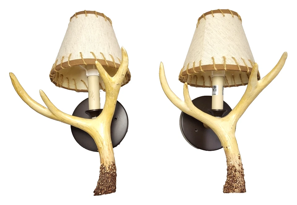 2 Resin Antler Deer Horn Wall Light Fixture Sconce Lamp Cabin Country W/shades - Image 4 of 4