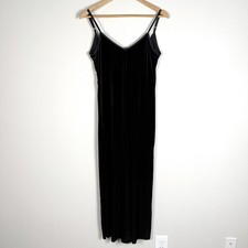 Black Velvet Plunge Back Midi Slip Dress Womens Small Vintage 90s Y2K Whimsigoth