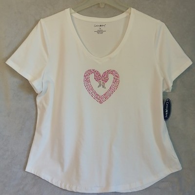 Casey Key Women's 1X White Tee Shirt with Pink Rhinestone Heart NWT