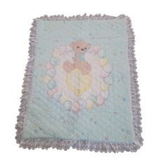 Vintage Precious Moments Baby Quilt Teddy Bear Balloons Lace Trim Handmade