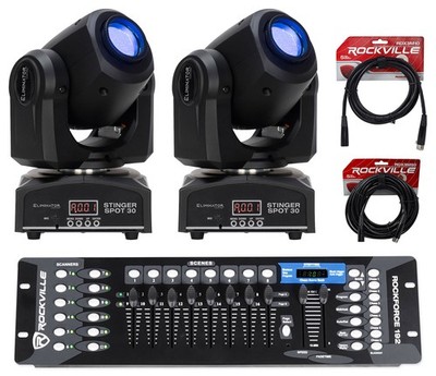 (2) Eliminator Stinger Spot 30 White LED Moving Head Lights+DMX Control+Cables