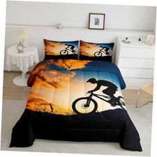 Boys Bicycle Rider Size Comforter Set,Mountain Bike Pattern Twin Black Yellow