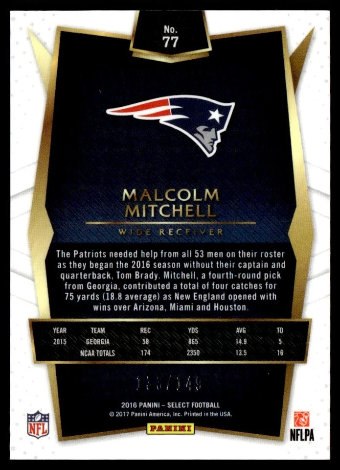 2016 Panini Select Malcolm Mitchell Rookie /149 New England Patriots #77 - Image 2 of 2