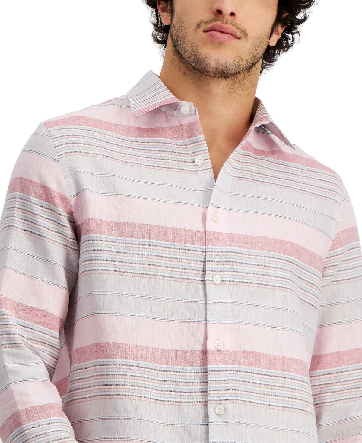 Club Room Men's Regular Fit Stripe 100% Linen Shirt Pink Size XL Size XL $70