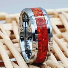 Red Fire Opal 8mm Tungsten Wedding Band – Engraved Men's High Polished Ring