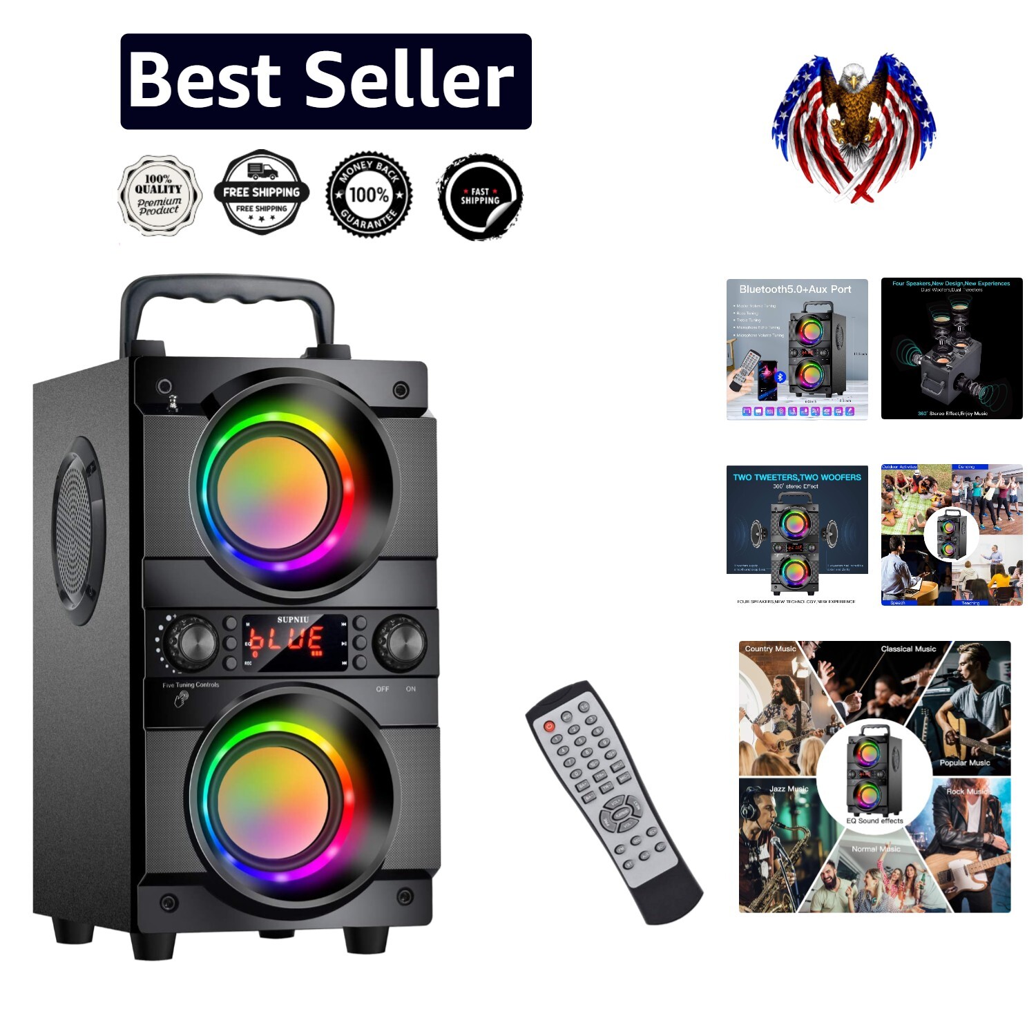 Outdoor & Indoor 80W Bluetooth Speaker with Double Subwoofer and Karaoke Feature