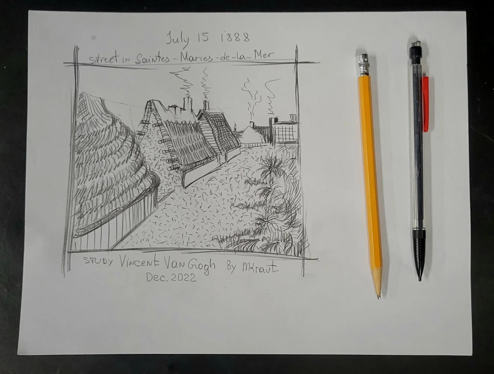 Dibujo inspirado en Van Gogh estudio escena callejera arte paisajístico 8,5x11 firmado fechado MK Foto 4 de 4