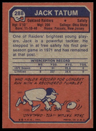 1973 Topps #288 Jack Tatum NM/MT **PWR25** - Picture 2 of 2