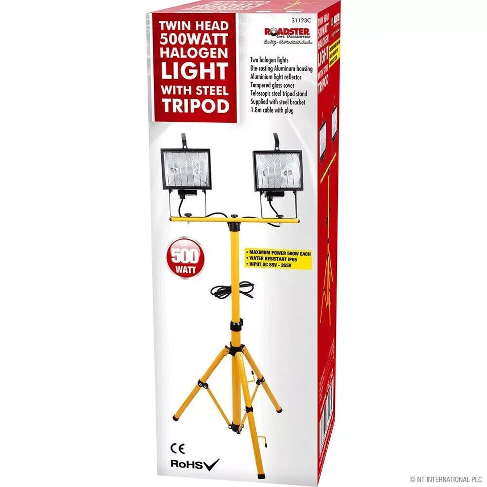 ROADSTER 500W TWIN HEAD TELESCOPIC HALOGEN FLOODLIGHT WORK SITE FLOOD LIGHT TRIPOD STAND
