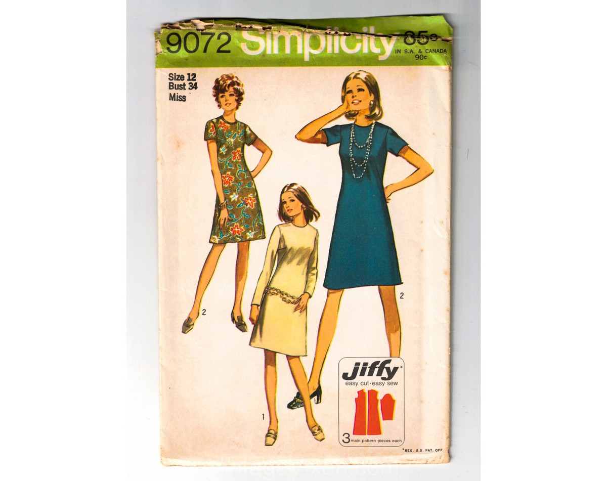1960s 1970s Dress Sewing Pattern - A-Line Minimalist - Bust 34 - Simplicity  9072 | eBay