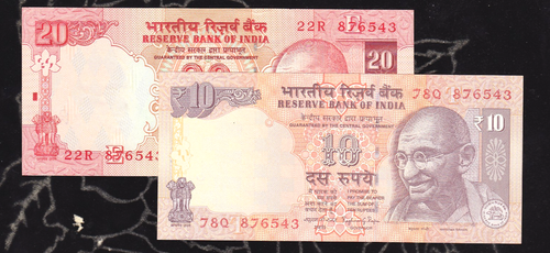 8 7 6 5 4 3 # COPPIA di STESSE discendenti Sr. n. # RS. 10 & 20/- # INDIA # CROCCANTE - Foto 2 di 3
