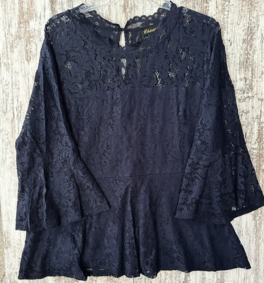 CHICWE Women's Plus Size 3X Navy Blue Lace Peplum 3/4 Bell Sleeve Blouse NWT