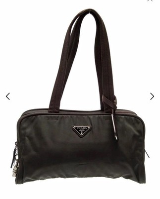 PRADA Nylon Shoulder Bag Zip Closure Silver Hardware Lock Dark Green/Brown