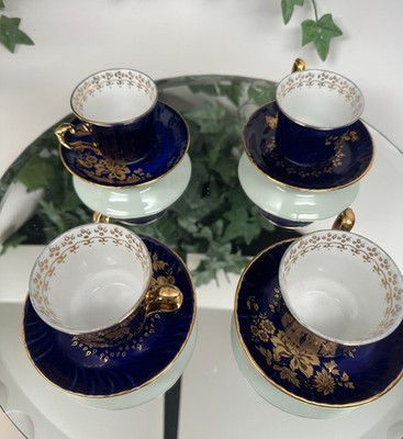 ARPO ROMANIA DEMITASSE HAND PAINTED  Cobalt Blue and Gold Cups and Saucers set/4