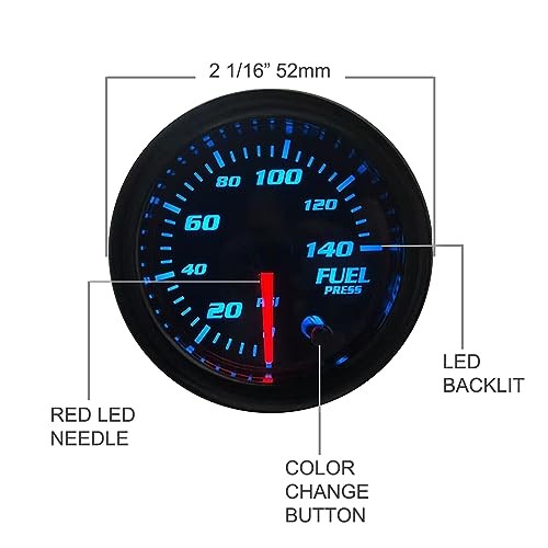 2-1/16" 52mm Fuel Press Gauge Tinted 7 Color 0-140 PSI Fuel Pressure Gauge Kit 