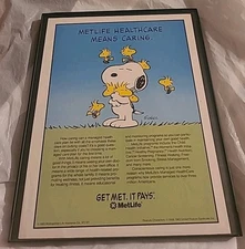 Metlife Insurance Snoopy Woodstock Vintage Print Ad Framed 8.5x11 1993