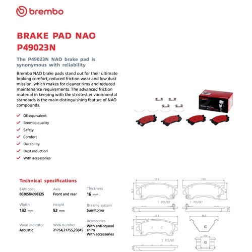 Kit de pastillas de freno delanteras cerámicas Brembo P49023N para sonda 1989-97 / 94-02 Mazda 626 - Imagen 4 de 13