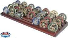DisplayGifts 4-Row Walnut Wood Challenge Coin Display Stand Holds 28 Coins