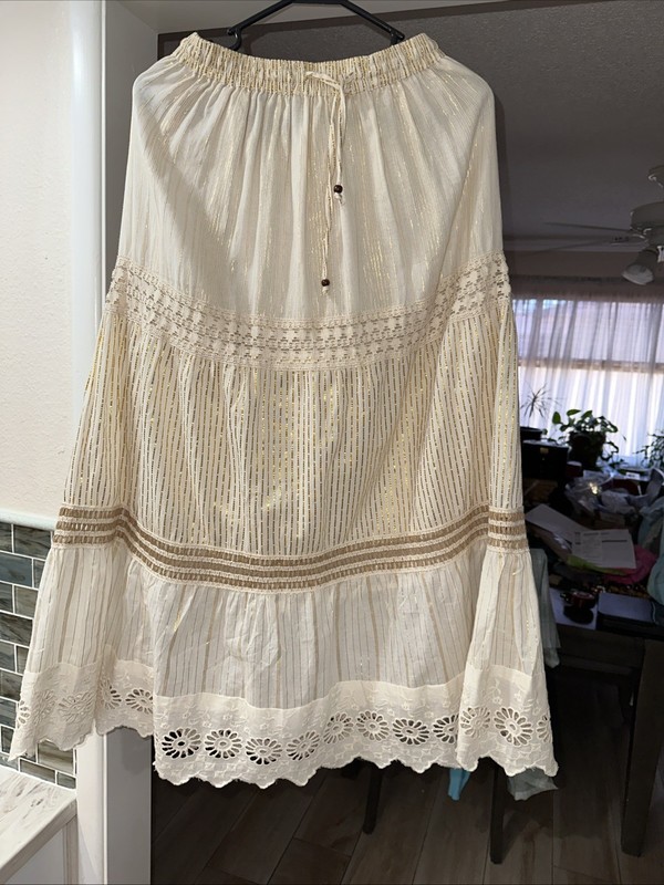 Nation AK Outfitters Bohemian Maxi Skirt • Small • Creme Gold Thread • Western