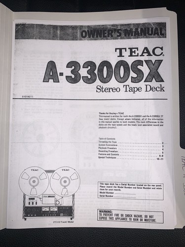  TEAC A-3300SX REEL TO REEL TAPE DECK RECORDER OWNER MANUAL, COPY