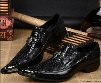 Snakeskin Men's Leather Dress Shoes Metal Pointed Toe Slip On