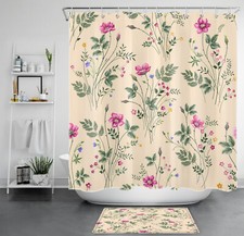Beige Plant Green Leaf Pink Wildflower Shower Curtain Bathroom Accessories Set