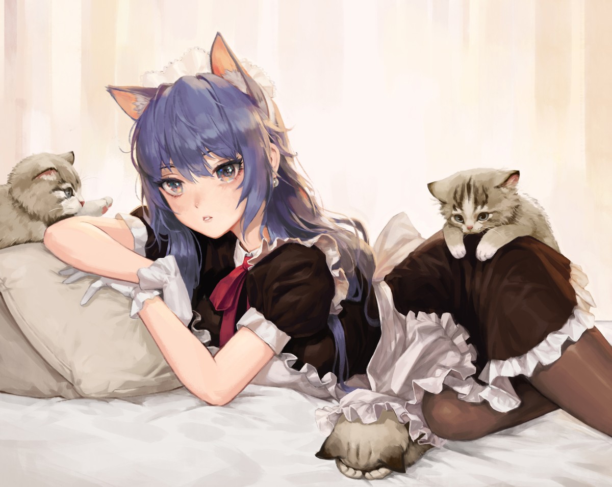 Anime Girls Cat Girl Cats Maid Outfit In Bed Gaming Mat Desk 43973