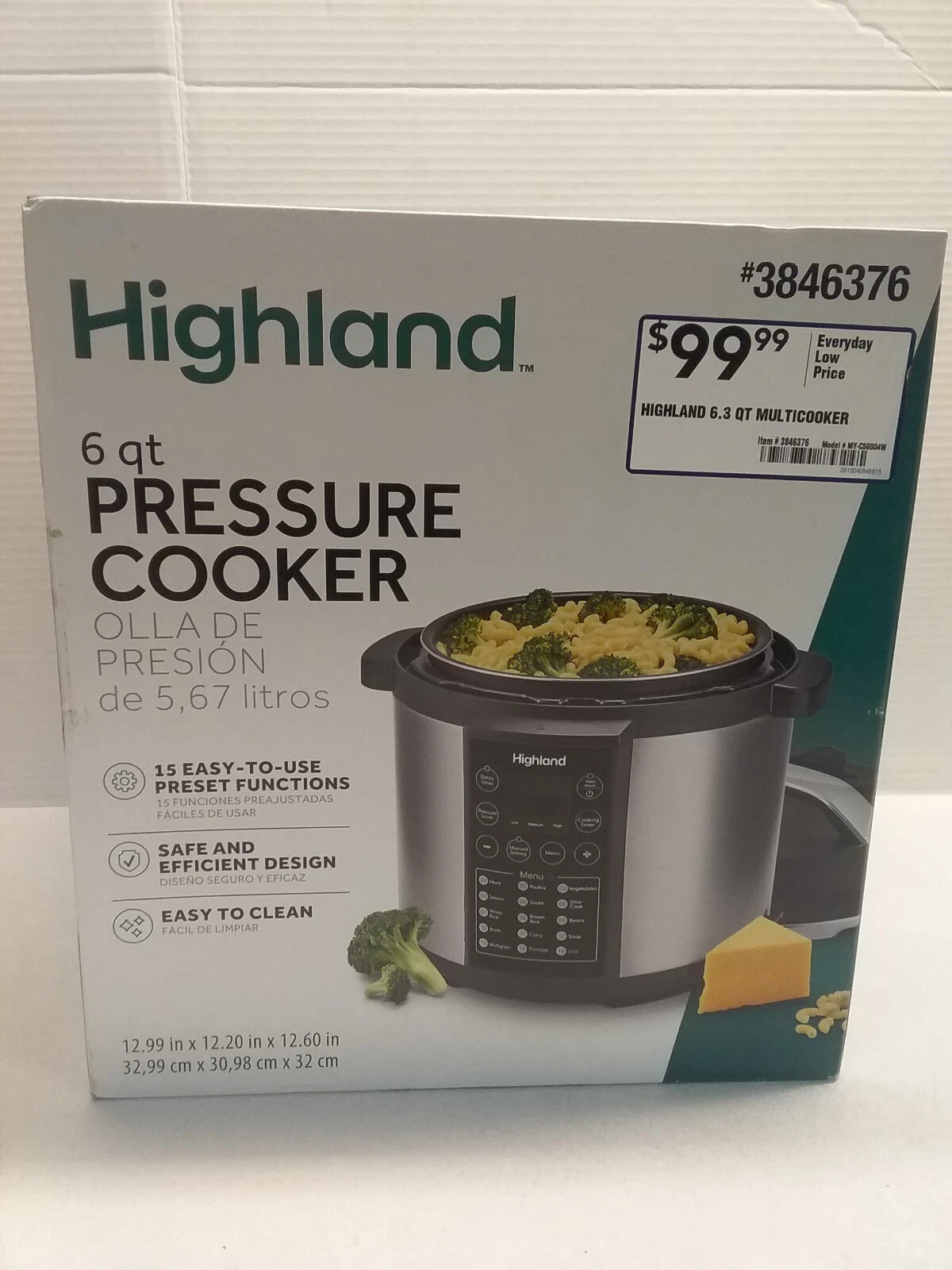 Highland 6 Qt Pressure Cooker LED Display 15 Pre-Set Functions Easy Clean NEW