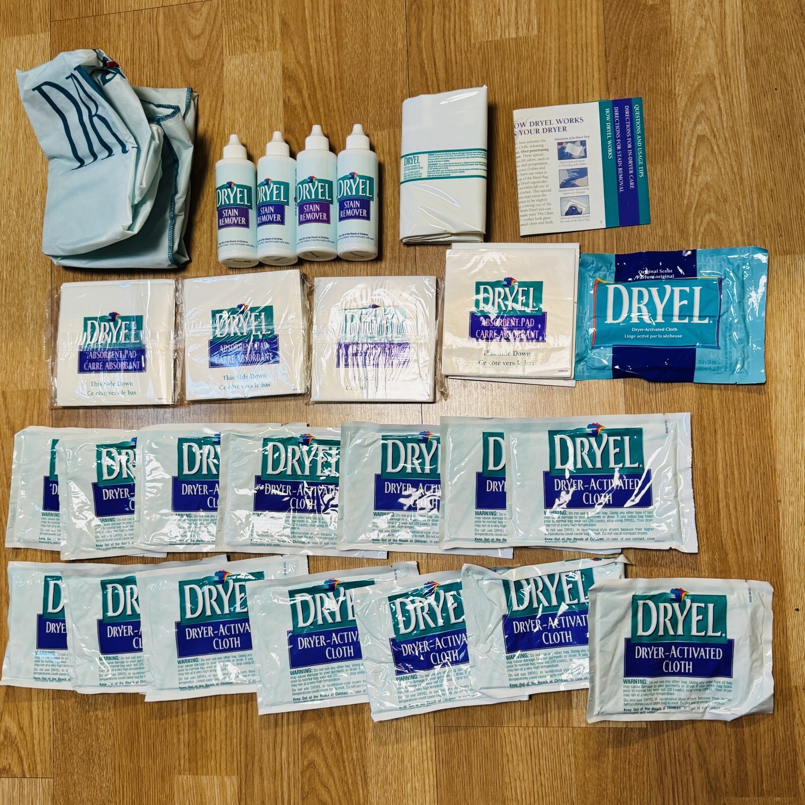 Vtg Dryel LOT bags, dryer cloths, stain remover, absorbent pads 1997 Bundle