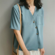 Damen Kurz Hemd Vintage V-Ausschnitt Chiffon Top Unregelmäßig Knopf Bluse Neu