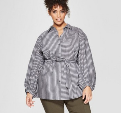 Women's Plus Size Striped Long Sleeve Button-Up Tunic-Who What Wear-Gray-1X-M310