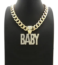 Hip Hop Lil Baby Iced Pendant & 18" 20" 24" Miami Cuban Chain Bling Necklace
