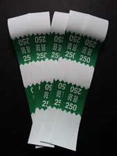 5 - Green $250 Cash Money Self-Sealing Straps White Saw Tooth Currency Bands 