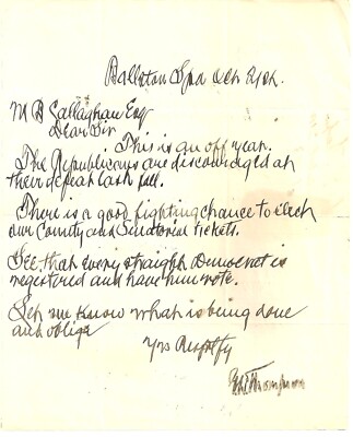 George L. Thompson (1884 Cleveland elector)  Ballston Spa, NY: letter, 1893