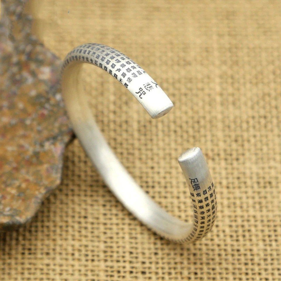 Brazalete de plata fina pura 999 para hombre y mujer Buda Sutra brazalete 26 g Foto 2 de 4