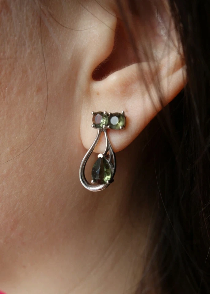 Brincos de lustre pendurados de prata com moldavita tcheca, vltavin 925, 22K - Imagem 3 de 4