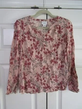 Liz Claiborne Womens Blouse Petite PM Pink Silver Metallic Thread Long Sleeve