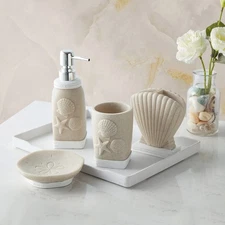 Bath Accessories Set 4-Piece Handcrafted Poly Resin Coastal Shell Gift Bathroom