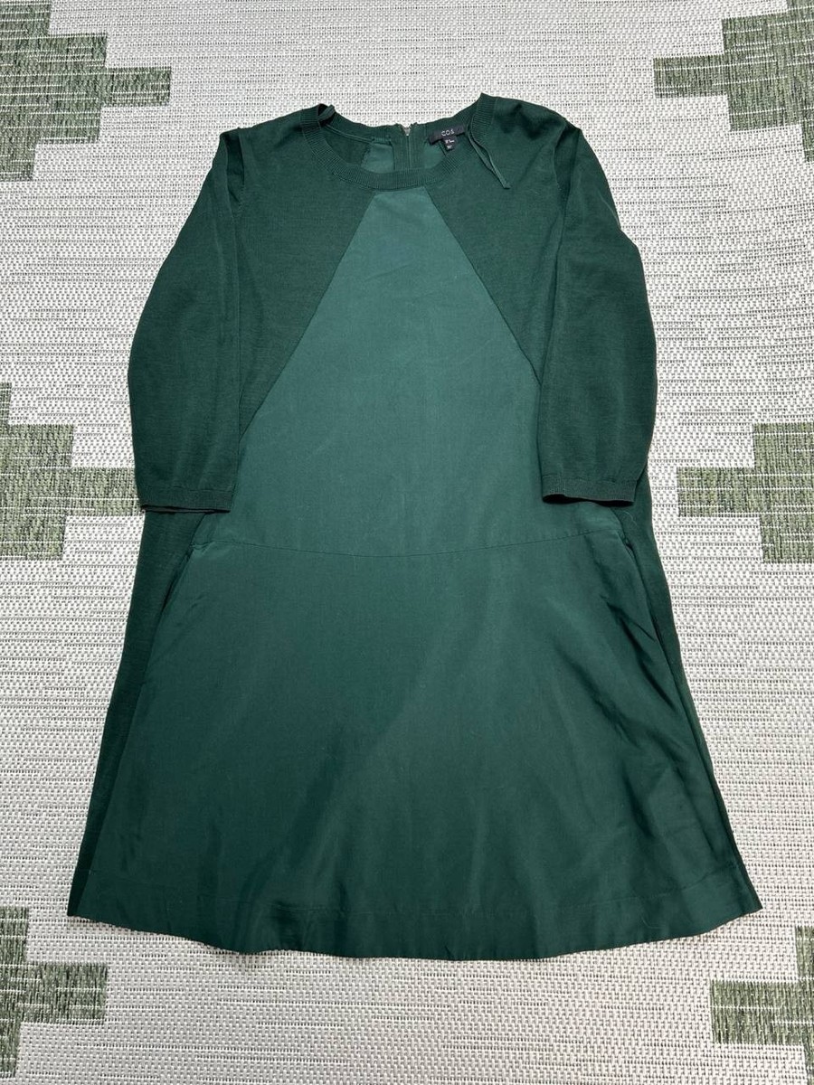 COS Mini Dress Womens Medium Green Cotton Tight Knit Casual Round Neck Back Zip