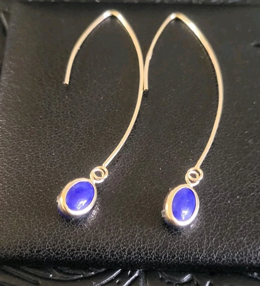 14k Gold Lapis Lazuli Wire Hoop Earrings - Image 3 of 4