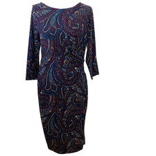 Talbots Faux Wrap Dress Medium Dark Abstract Ruched Stretch Business Casual