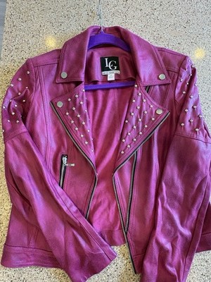 Lena Gabrielle Pink Studded Moto Biker Jacket Collared Lined Full Zip Size 12