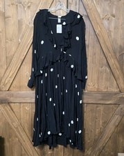 H&M Black White Polka Dot Ruffle Midi Dress Long Sleeve US M NWT